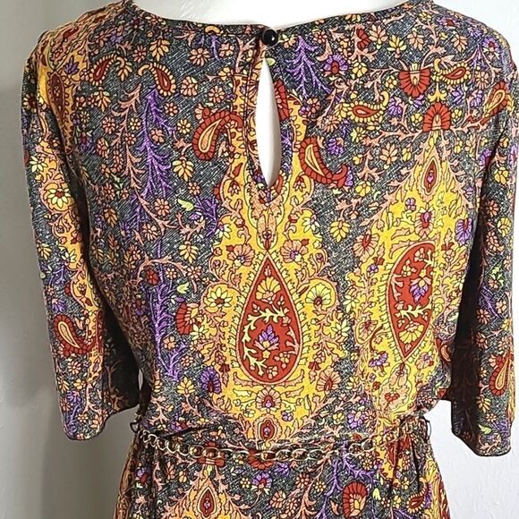 Mlle Gabrielle Colorful Paisley Sheath Dress with Gold Chain Belt, Size Medium - Picture 7 of 11